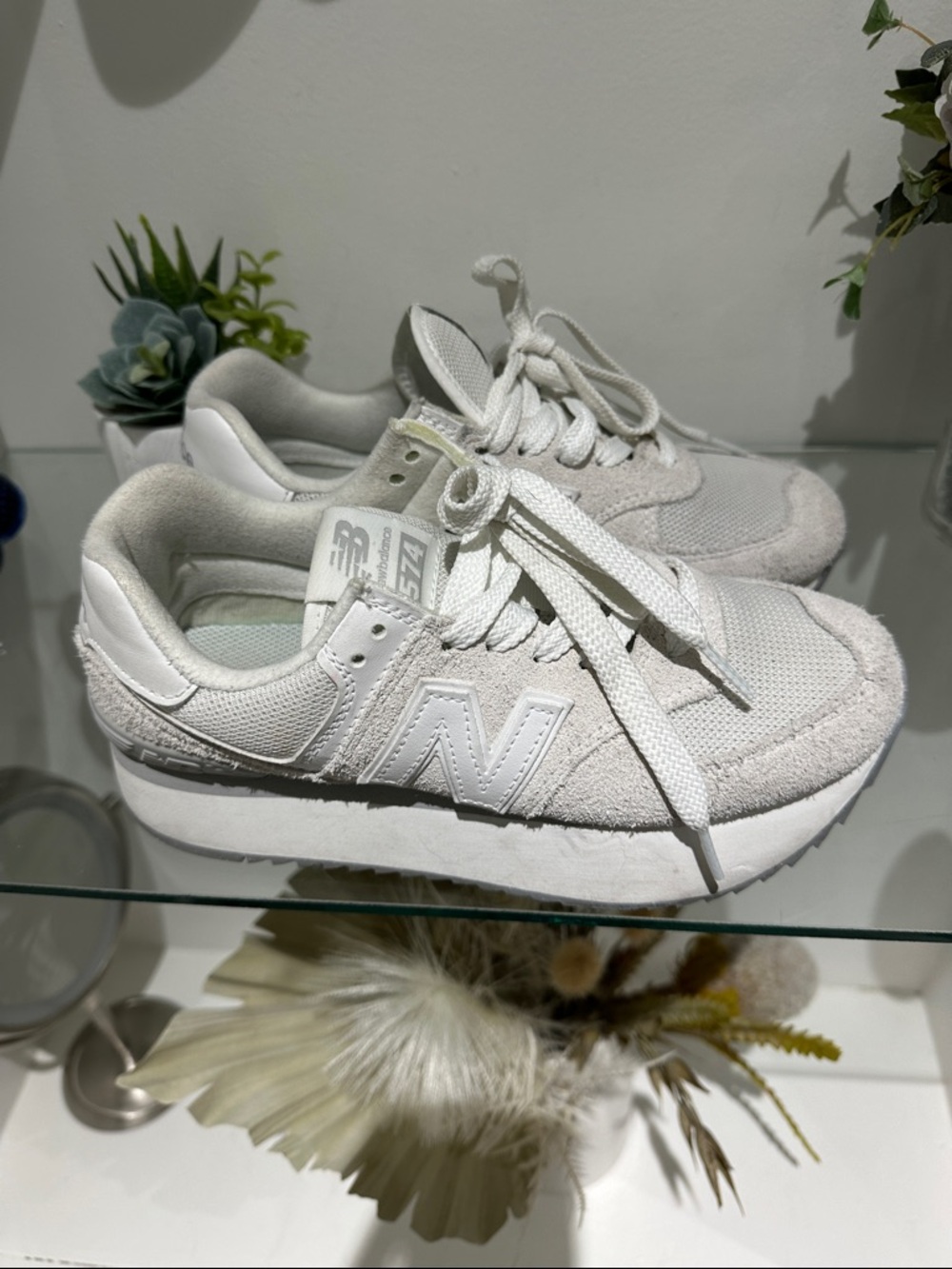 New Balance 574+ Shoes Women's 9 B Gray White Suede Platform Sneakers